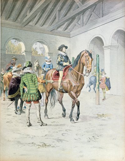 Armand-Jean du Plessis, Kardinaal Richelieu (1585-1642) leert paardrijden, illustratie uit een leven van Richelieu door Theodore Camu, 1910 door Maurice Leloir